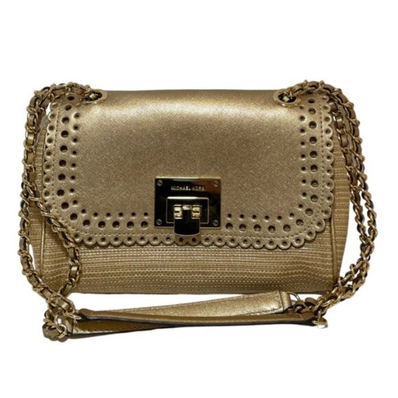 Michael Kors Violet Vivian Leather Straw Raffia Metallic Chain Shoulder Bag Tote - Picture 4 of 16